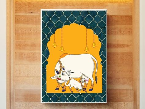 Ethnic Art, Cow Print, Indian Art, Online Art, Lotus, Cow, India, Wall Hanging, Art