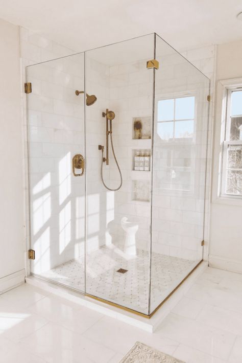 Glass Shower With Gold Hardware, All Glass Shower Doors, White Bathroom With Gold Hardware, Gold Hardware Shower, Bathroom Remodel White And Gold, Glass Shower Gold Hardware, Big Glass Shower Master Bath, Glass Shower Door Gold Hardware, Floor To Ceiling Shower Doors