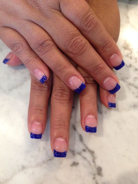 Blue French Tip by our manicurist May!  www.vitalitystudiosa.com Royal Blue French Tips Square, Nail Ideas For Royal Blue Dress, French Tip Royal Blue Nails, French Tip Nails Royal Blue, Blue Nail Tips French, Blue Acrylic French Tip Nails, Royal Blue French Tip Nails Square, Royal Blue Quince Nails Short, Navy Blue French Tip Nails Square