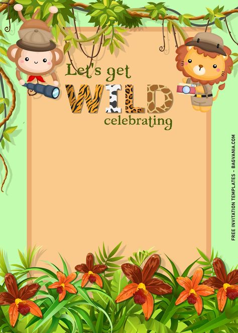 Awesome 11+ Cute Jungle Birthday Invitation Templates To Celebrate Your Kid's Birthday #free #freeinvitation2019 #birthday #disney #invitations #invitationtemplates Safari Theme Invitation Template, Jungle Theme Invitation, Jungle Theme Party, Jungle Birthday Invitations, Boho Safari, Safari Invitations, Birthday Free, Wild One Birthday Invitations, Animal Birthday Invitation