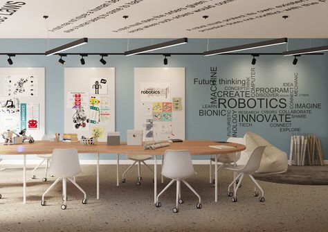 IB School on Behance School Conference Room Decor, School Conference Room, School Office Design, Innovative School Design, Conference Room Decor, School Reception, Classroom Interior, Modern Classroom, Innovation Lab