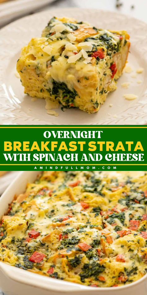 Enjoy Overnight Breakfast Strata with Spinach and Cheese, a delightful vegetarian breakfast casserole! This make ahead dish combines cubed bread, frozen spinach, and cheese, making it the perfect holiday brunch idea for Christmas morning brunch. Make it and impress your guests! Broccoli Cheese Breakfast Casserole, Vegetarian Strata Breakfast Casserole, Vegetarian Christmas Breakfast Casserole, Cheese Strata Recipe Breakfast Casserole, Overnight Vegetable Breakfast Casserole, Vegan Christmas Breakfast Casserole, Christmas Strata Overnight Breakfast, Healthy Breakfast Casserole Make Ahead Christmas Morning, Vegetarian Brunch Casserole