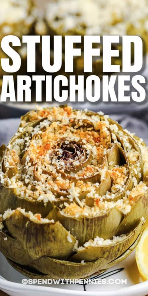 Stuffed artichokes are perfect for when it's time to serve something completely different! Tasty, tender artichokes can't be beat, whether dipped in melted butter or eaten as is! #spendwithpennies #stuffedartichokes #recipe #sidedish #appetizer #heart #best #garlic #easy #healthy Best Artichoke Recipe, Artichoke Heart Recipes, 2024 Meals, Stuffed Artichokes, Baked Artichoke, Onion Ring, Artichoke Recipes, Rock Hunting, Cheesy Bread