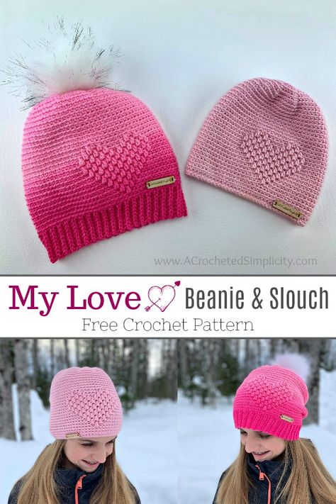 Free Crochet Hat Pattern - My Love Beanie & Slouch by A Crocheted Simplicity   #freecrochetpattern #embossedcrochet #embossedheart #embossedheartcrochethat #crochethearthatpattern #crochetheartpattern #freecrochethatpattern Super Saver Ombre Patterns, Crochet Heart Hat, Free Crochet Hat Pattern, Crochet Headwear, Crochet Adult Hat, Crochet Beanies, Crochet Heart Pattern, Confection Au Crochet, Hat Tutorial