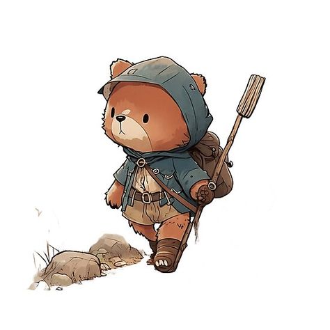 Adventurer Illustration, Cute Black Bear Drawing, Cartoon Bear Drawing, Cute Adventurer Character Design, Bear Cartoon Drawing, Cute Bear Character Design, Bear Character Design Concept Art, Teddy Bear Character Design, Bear Character Illustration