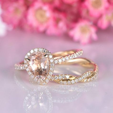 Morganite engagement ring set 14k yellow gold diamond bridal ring 5x7 pearl cut morganite promise ri Promise Ring Diamond, Baguette Wedding Band, Morganite Engagement Ring Set, Traditional Engagement Rings, Gorgeous Ring, Diamond Promise Rings, Morganite Engagement, Dream Engagement, Dream Engagement Rings