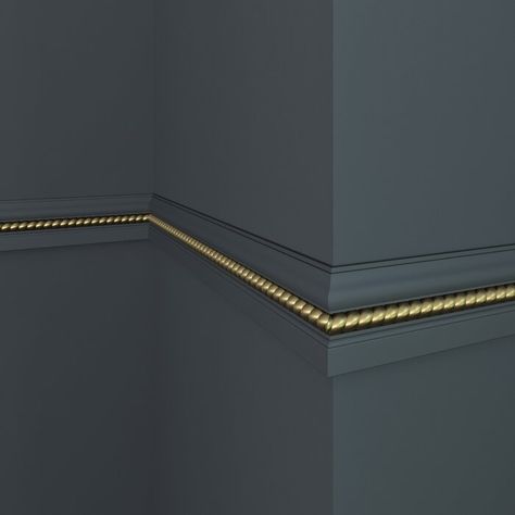 Gold Trim Walls Moldings, Accent Wall With Chair Rail, Modern Chair Rail, Chair Rail Ideas, Gold Trim Walls, Wood Chair Rail, Salon Bathroom, Ceiling Molding, Wall Panel Molding