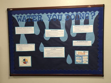 April water conservation bulletin board Drink Water Bulletin Board Ideas, Conservation Bulletin Board, Water Bulletin Board Ideas, Water Bulletin Board, Bulletin Boards Ra, Science Project Board, Resident Assistant Bulletin Boards, Science Display, Water Board