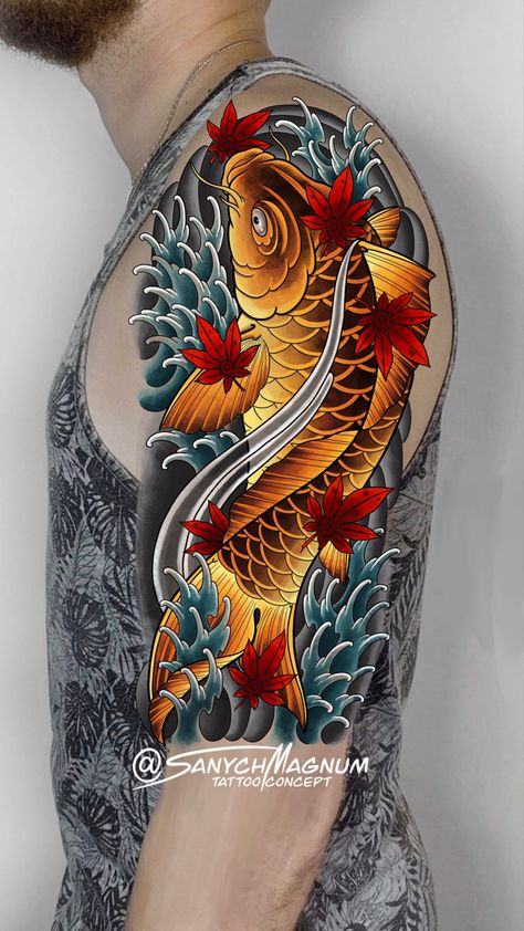 Koi fish in maple leaves Japanese tattoo design, oriental tattoo Koi Tattoo Design For Men, Japanese Koi Fish Tattoo Design For Men, Back Koi Fish Tattoo, Japanese Tattoo Art Koi, Carp Fishing Tattoo, Japanese Koi Fish Tattoo Design, New Japanese Tattoo, Tatto Koi, Koi Fish Tattoo Forearm