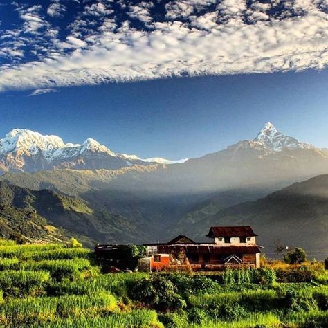 Typical Nepali Village, Annapurna Range at the background ❤ Photo: Sundar Thapa Nepali Village House, Nepali Mother, Nepali Wallpaper, Nepali Village, Nepali Art, Travel Nepal, Nepal Art, Mountain Landscape Photography, House Village