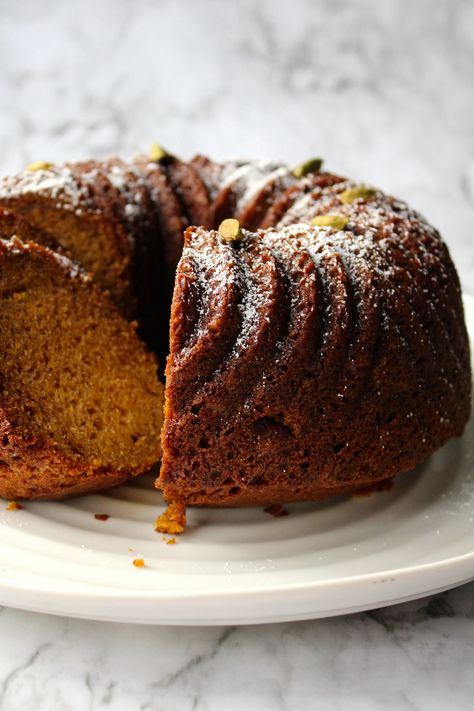 Cardamom Spiced Pumpkin Cake Cardamom Bundt Cake Recipes, Almond Cardamom Cake, Cardamom Recipes Baking, Cardamom Desserts, Spice Cake Pumpkin, Cardamom Bundt Cake, Pumpkin Cardamom, Cardamom Recipes, Pumpkin Carrot Cake