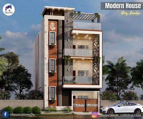 #modernhouse #G+2 #3Delevation #render #3dmodel Modern Residential House, Modern Exterior Design, Front Elevation Design, Luxe Home, Small House Front Design, Duplex Design, Front Elevation Designs, Elevation Design, Logo Design Art