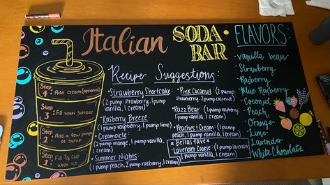 Italian Sodas Bar, Torani Italian Soda Recipes, Italian Soda Combinations, Italian Soda Recipes Drinks, Italian Soda Recipe Printable, Italian Soda Bar Recipes, Italian Soda Bar Drink Stations, Soda Shop Recipes, Dirty Soda Bar Recipes