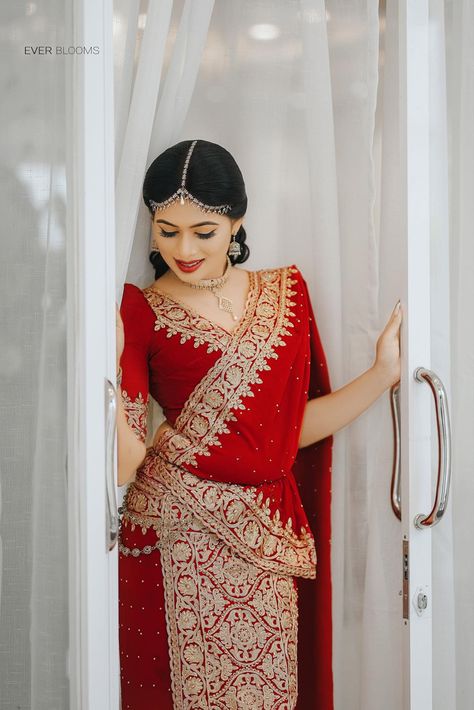 Home Coming Sarees Sri Lanka, Homecoming Saree Sri Lanka, Red Kandyan Bride, Osari Designs, Homecoming Saree, Sri Lankan Wedding Saree, Kandyan Saree, Pretty Frocks, Bride Shoot