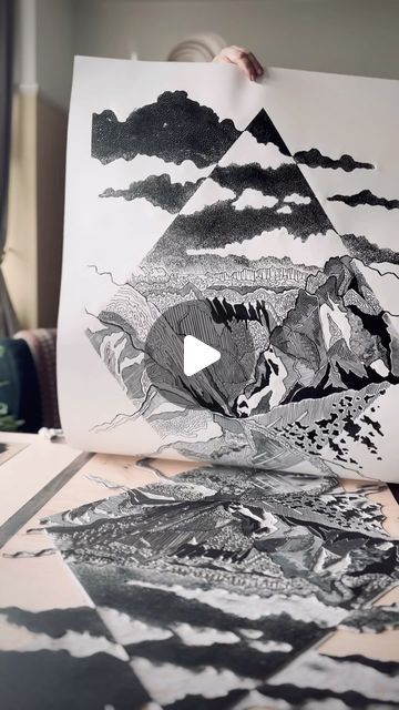 Aga Kubish ARE || printmaking || on Instagram: "‘Mountains’ printed! Large Linocut Print 100x70cm, handprinted without a press, limited edition of 50. Very geometrical landscape inspired by Alps Mountains I visited a few years ago. It’s the most difficult lino block for printing so far 🙈 Prints available (links in my bio or www.agakubish.com) with free worldwide shipping. #newproject #printmaking #landscape #mountains #nature #lino #linoprinting #printmaker #agakubish #hills #linocut #linoprint #linocutprint #reliefprint #relief #printing #blackink #handmade #handcarved #fineline #dots #hatching #lines #contemporary #contemporaryprintmaking #artcollection #originalprint #somerset #natureinspired #outdoor" Printmaking Landscape, Contemporary Printmaking, Alps Mountains, Nest Art, Lino Block, Lino Prints, Relief Printing, Landscape Mountains, Fern Leaf