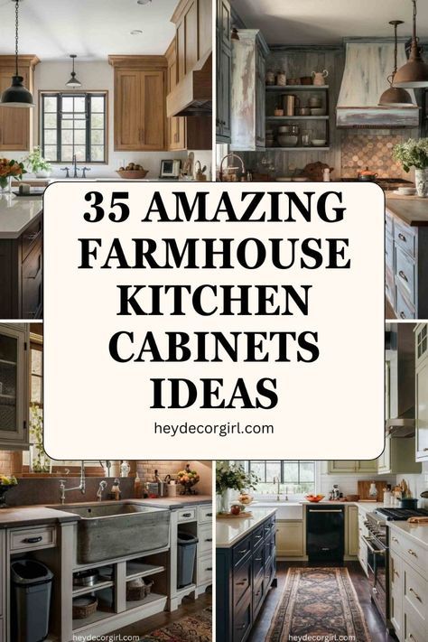 Discover Amazing Farmhouse Kitchen Cabinets Ideas that bring charm and warmth to your kitchen! From rustic wood finishes to modern farmhouse styles, these cabinet designs perfectly blend function with cozy aesthetics. Get inspired to transform your kitchen with timeless farmhouse cabinetry that adds character and a welcoming feel to your home! Dream Kitchen Farmhouse Modern, Colonial Cabinets Kitchen, Country Kitchen Remodel Farmhouse Style, Wood Kitchens Rustic, Farmhouse Kitchen Off White Cabinets, Farm Style Cabinets, Country Kitchen Painted Cabinets, Two Toned Farmhouse Kitchen, Decorative Kitchen Cabinets