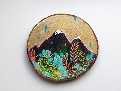 Wood Slice Painting, Wood Slice Art, Mountain Painting, Wooden Prints, Fun Illustration, Wow Art, Mountain Paintings, Mini Paintings, My New Room