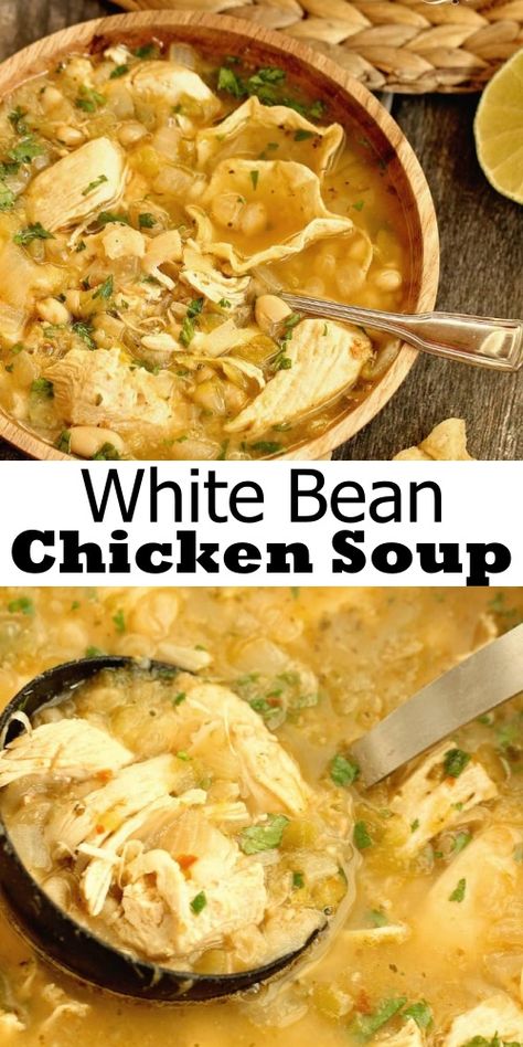 White Bean Chicken Soup Recipe - Cooking with Recipes White Bean Chicken Soup, Bean Chicken Soup, Lunches For The Week, Recipe For Dinner, Soup Chicken, Comforting Soup, Soup Appetizers, Northern Beans, Green Chiles