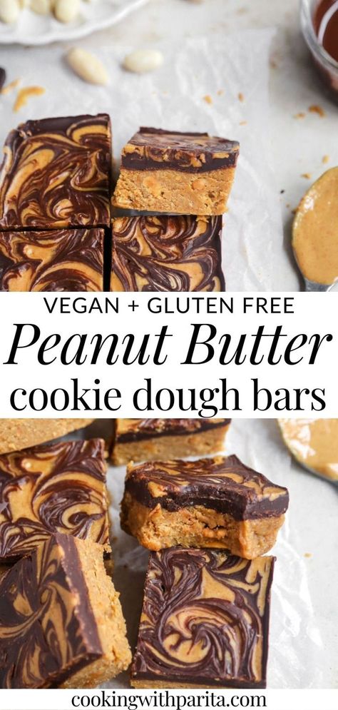 Image of vegan peanut butter cookie dough bars with text. Gf Vegan Snacks, No Bake Vegan Bars, Vegan 5 Ingredient Recipes, Vegan Recipes With Peanut Butter, Vegan Dessert Board, Vegan Chocolate Peanut Butter Bars, Vegan Bars Dessert, Vegan Baked Desserts, No Bake Vegan Cookies