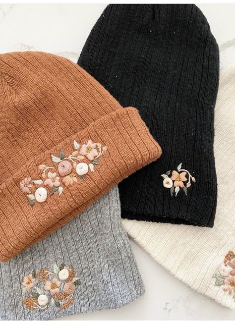 Embroidery Ideas For Clothes, Beanie With Embroidery, Embroidery On Beanie, Embroidered Toque, Beanie Embroidery Ideas, Embroidery On Hats, Beanie Embroidery, Embroidery Beanie, Clothes Embroidery Diy