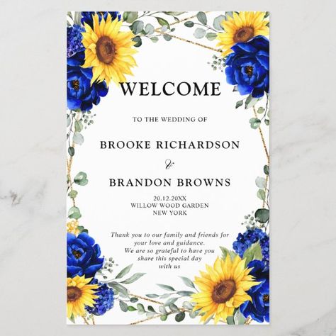 Royal Blue Sunflower Geometric Wedding Program Western Wedding Theme, Sunflower Rustic Wedding, Blue Sunflower Wedding, Sunflower Ideas, Country Western Wedding, Trendy Watercolor, Flowers Eucalyptus, Blue Sunflower, Sunflower Themed Wedding