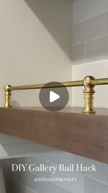 Amanda Bentley on Instagram: "Affordable & Easy Gallery Rail!  I used lamp pieces to DIY these shelf rails and I saved hundredssss in comparison to true railing pieces.   AND   It’s not permanent which was a top want for me. The finials are heavy enough that this is fine for my space since I do not frequently get things off these shelves.   My favorite hack of 2024 so far 🙌🏻   #kitchenshelves #diykitchen #wetbar #kitchendecor #kitchenhardware" Bar Shelf With Rail, Modern Gallery Rail, Diy Architectural Details, Brass Railing For Shelves, Shelves With Gallery Rails, Shelves With Gold Rail, Diy Shelf Guard Rail, Shelf Hardware Ideas, Floating Shelves With Railing