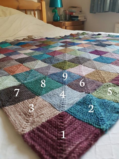 Knitted Mitred Square Blanket, Knit Quilt Squares, Knitted Mitred Squares Pattern, Mitred Squares Knitting Blanket, Scrappy Knitted Blankets, Mitred Squares Knitting, Scrap Yarn Knitting Projects, Sock Yarn Projects, Sock Yarn Blanket