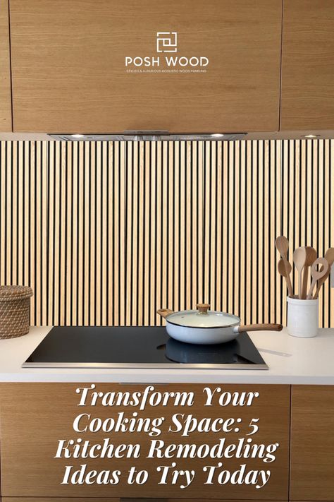 Acoustic Wood Slat Panel in Kitchen Wooden Slat Backsplash, Wood Slat Backsplash Kitchen, Wood Slat Backsplash, Slat Wall Kitchen, Kitchen Butcher Block Countertops, Splashback Ideas, Kitchen Butcher Block, Modern Kitchen Backsplash, Kitchen Remodeling Ideas