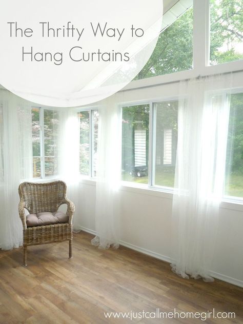 The Thrifty Way to Hang Curtains - Our sunroom renovation is still underway and… Cheap Ways To Hang Curtains, Sunroom Curtains, Sunroom Renovation, Shower Curtain With Valance, Curtains Without Sewing, Wicker House, Hang Curtains, Brick Fireplace Makeover, Ikea Curtains