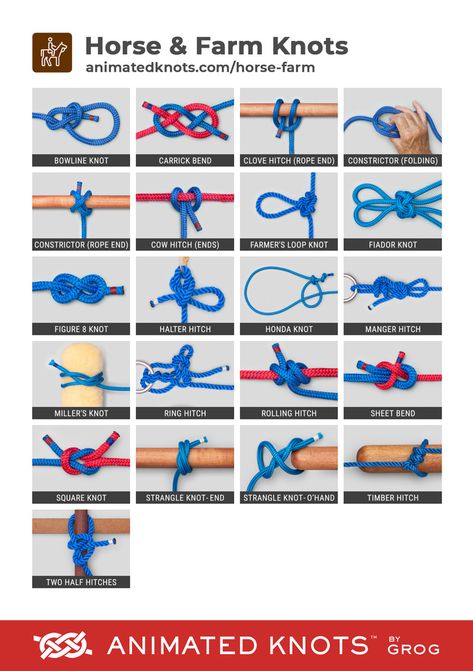 Horse & Farm Knots by Grog | Learn How to Tie Horse & Farm Knots using Step-by-Step Animations | Animated Knots by Grog Horse Knots Ropes, Horse Knots, Knot Crafts, Quick Release Knot, Horse Projects, Animated Knots, Climbing Knots, Sailing Knots, Bowline Knot