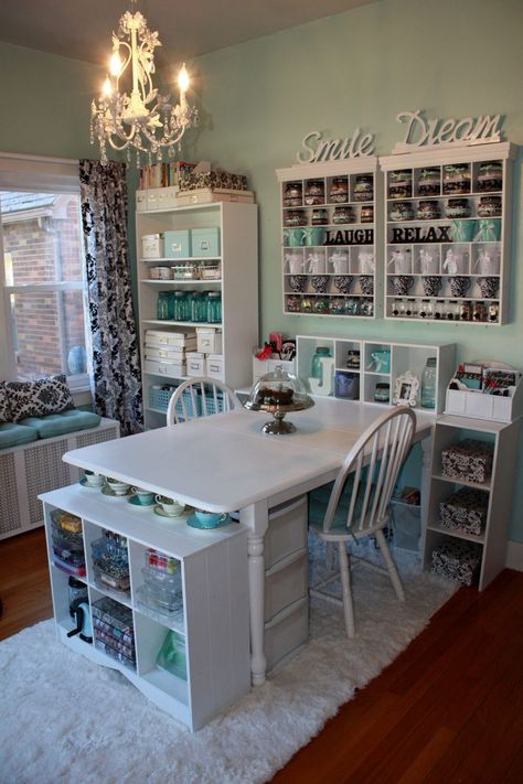 shared office craft room, Scrapbook-com Diy Craft Room Ideas, Diy Craft Room Storage, Diy Craft Table, Butik Design, Craft Tables With Storage, Ikea 2015, Craft Room Tables, Craft Room Organization Diy, Craft Room Ideas