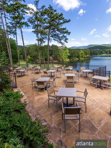 Big Canoe, GA: dine at the Blackbear Pub with a gorgeous view of Lake Sconti, framed in North Georgia's rolling mountains Canoe Garden, Big Canoe Georgia, Lake Weddings, Mountain Community, Georgia Cabins, Travel Georgia, Kayak Adventures, Canoe Trip, Whitewater Kayaking