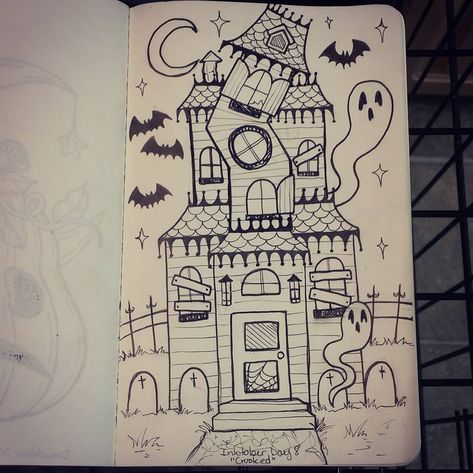 Zero Dog House Drawing, Halloween Door Drawing, Haunted House Illustration Drawings, Halloween Houses Drawings, Drawing A Haunted House, Cartoon Haunted House Drawing, Halloween Drawings House, Drawings Of Haunted Houses, Haunted House Ideas Drawing