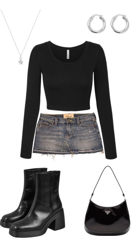 black long sleeve with denim mini skirt and black ankle boots Ankle Black Boots Outfit, Black Boots Outfit Summer, Ankle Boots Outfit Summer, Boots Outfit Summer, Ankle Black Boots, Summer Boots Outfit, Long Sleeve Outfit, Black Boots Outfit, Boots Outfit Ankle