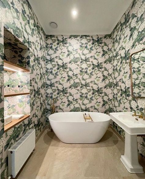 Milton & King on Instagram: "Wow! 🤩 Melbourne-based @prestigewallpapering shared this image of a client’s bathroom where the Hydrangea Garden design by @bethany_linz was installed on every inch of available wall space. You really do feel like you’re in a secret garden here! 🪴 . . . #wallpaper #bathroom #bathroominspo #bathroominterior #bathroomwallpaper #interiorinspo #currentdesignsituation #homelove #thedelightofdecor #interiordesign #wallpaperaustralia" Wallpaper Bathroom, A Secret Garden, Hydrangea Garden, Bathroom Inspo, Bathroom Wallpaper, Wall Spaces, Interior Inspo, Bathroom Interior, Secret Garden