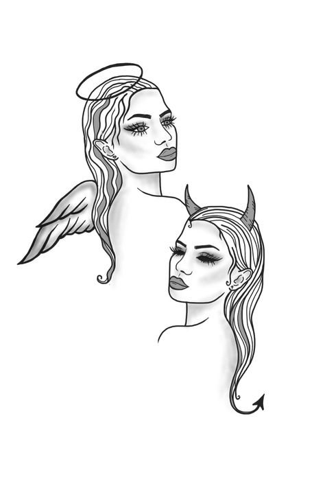 Tattoo Angel And Devil, Angel Devil Tattoo, Running Tattoo, Tattoo Angel, Abstract Tattoo Ideas, Abstract Tattoos, Face Outline, Devil Tattoo, Women Tattoos