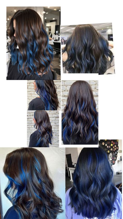 Brunnette hair with blue highlights Brunette With Blue Highlights, Brown Hair With Blue Highlights, Blue Highlights In Brown Hair, Blue Balayage, Blue Brown Hair, Blue Hair Highlights, Blue Highlights, Highlights Brown Hair, Brown Hair With Highlights