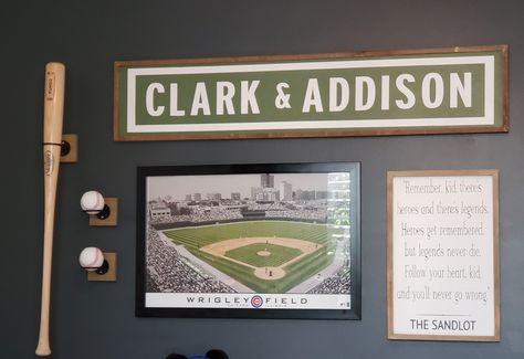 Football Wall Decor Bedroom Ideas, Baseball Gallery Wall, Sandlot Nursery, Sports Gallery Wall, Charlie Rhodes, Cubs Decor, Baseball Theme Room, Baseball Room Decor, Baseball Wall Decor