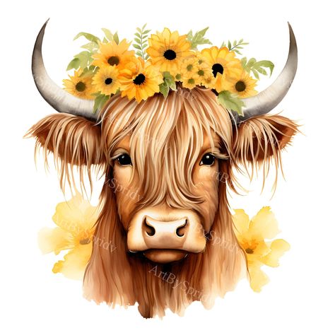 Cow Fabric, Illustration Design Graphique, Scottish Cow, Cow Clipart, Baby Highland Cow, Highland Cows, Cow Png, Sunflower Png, Fabric Panel