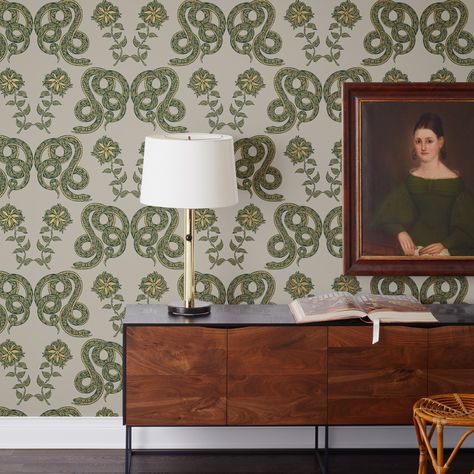 Ssssswirly & curly. From our new @hyggeandwest wallpaper collection, the Serpentine pattern featuring art by @doncarneyart here in deep green & metallic gold on a warm gray ground. See more color options & patterns online. #patchnyc #hyggeandwest #patchnycxhyggeandwest #wallpaper #doncarneyart #serpentine #decor #interior #snakes #flowers #juniper #gold #green #madeinusa Wallpaper Fireplace Wall, Juniper Wallpaper, Wallpaper Fireplace, Snake Hides, Black Subway Tiles, Hygge & West, Contemporary Wallpaper Designs, Snake Wallpaper, Gold Artwork