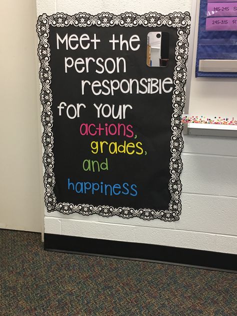 Responsibility Bulletin Board with Mirror Bulletin Board With Mirrors, Mirror Wall Decor Classroom, Bulletin Boards With Mirrors, Classroom Expectations Bulletin Board, Responsibility Bulletin Board, Meet The Person Responsible Mirror Board, Responsible Bulletin Board, Responsibility Bulletin Board Ideas, Middle School Bulletin Boards Hallway