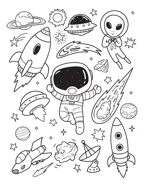 Cute Outer Space Doodles, Astronaut Doodle Cute, Doodle Space Drawings, Drawing Of Outer Space, Outer Space Drawing Ideas, Drawing Space Ideas, Cool Space Drawings, Space Doodles Easy, Cute Space Drawings