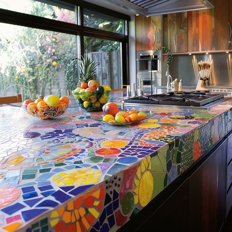 Ecosapiens | Picture a kitchen countertop adorned with a mosaic of vivid colors inspired by the Mediterranean: azure blues, sun-kissed yellows, fiery… | Instagram Earthy Greens, Floral Mosaic, Barbie Dream House, Fiery Red, Azure Blue, Kitchen Countertop, The Mediterranean, Room Colors, Sun Kissed