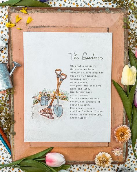 “Oh what a patient Gardener we have, always cultivating the soil of our hearts, pruning away the unnecessary, and planting seeds of hope and life. His tender care never ceases. In the winter of our souls, the promise of spring awaits. New growth comes. And the Gardener loves to watch His beautiful garden grow.” 🪴 — Christy Beasley As I pondered the theme that God laid on my heart for this collection, these ideas started coming to my mind. I’m no poet, but I enjoyed stretching myself a litt... Garden Poems, Christmas Sketch, Study Gift, Tender Care, The Gardener, Garden Quotes, Scripture Cards, The Soil, The Promise