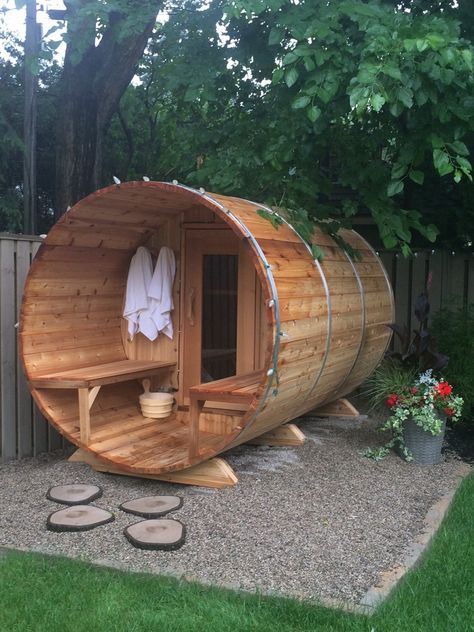 Barrel Sauna Pictures | Gallery | Saunafin Saunas Outdoor Saunas, Wooden Sauna, Backyard Spa, Sauna House, Sauna Diy, Hot Tubs Saunas, Barrel Sauna, Sauna Design, Outdoor Sauna