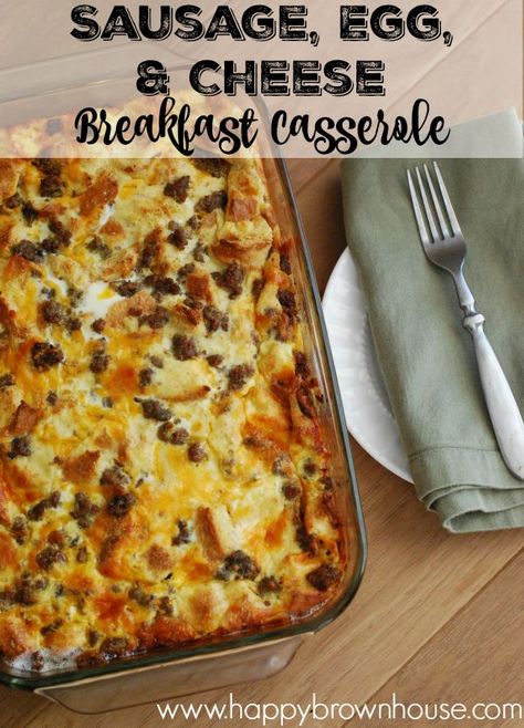 This Sausage, Egg, and Cheese Breakfast Casserole is a perfect dish to make for a holiday breakfast or to take to a brunch. It's easy to make it the night before and pop it in the oven for Christmas morning. Sausage Egg Cheese Breakfast Casserole, Egg And Cheese Breakfast Casserole, Breakfast Casserole With Bread, Eggs Cheese Breakfast, Christmas Breakfast Casserole, Breakfast Egg Casserole, Overnight Breakfast Casserole, Cheese Breakfast, Sausage Casserole