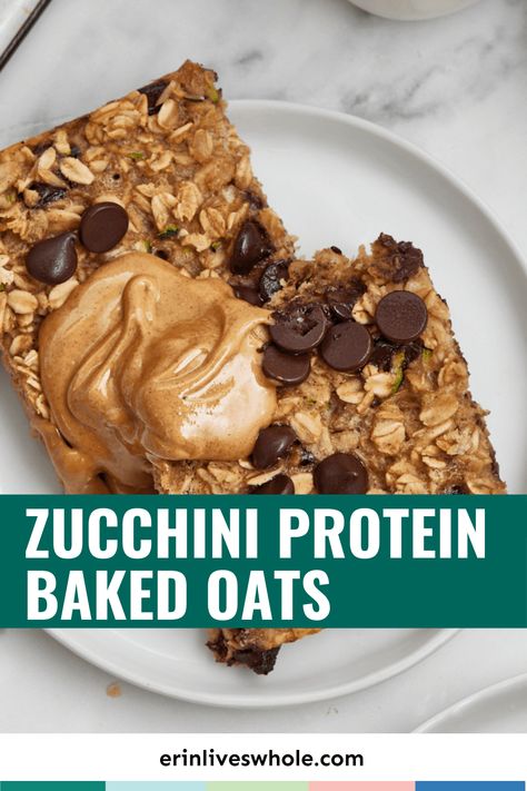 Enjoy vegetables for breakfast! This recipe for zucchini protein baked oats is a wonderful way to use summer zucchini from your garden or the farmer's market. Zucchini Protein, Vegetables For Breakfast, Protein Baked Oats, Recipe For Zucchini, Erin Lives Whole, Zucchini Oatmeal, Summer Zucchini, Protein Baking, Protein Oatmeal