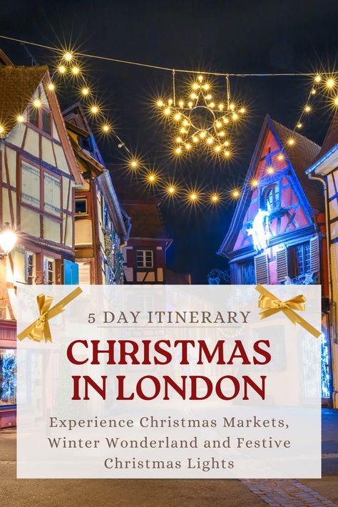 Follow this 5 day itinerary to experience the best Christmas in London! From the dazzling Christmas lights across London’s iconic streets to festive shopping at the city’s best Christmas markets, this guide has you covered. Visit Winter Wonderland, explore Christmas at Kew, and enjoy a magical day at Harry Potter Studios. Your London Christmas adventure starts here! | London at Christmas | Things to Do in London at Christmas | Christmas in London | London Winter Itinerary | London Christmas London Christmas Travel, London Christmas Itinerary, London For Christmas, London Christmas Markets, Christmas In The Uk, Christmas Itinerary, London Packing List, Winter Wonderland Hyde Park, Christmas Trips