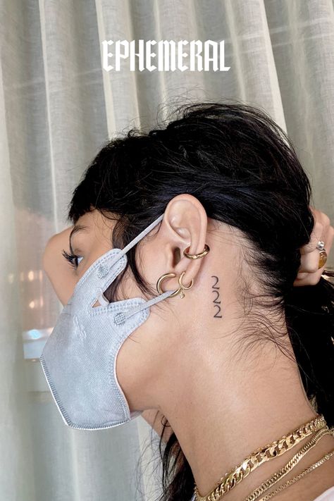 Angel number tattoo behind the ear. Featuring three “2”s stacked on top of each other. Made To Fade Tattoo, Zodiac Behind Ear Tattoo, 333 Ear Tattoo, Small Number Tattoo Behind Ear, 777 Tattoo Ideas Behind Ear, 777 Ear Tattoo, 222 Ear Tattoo, 222 Behind Ear, Number Tattoos Behind The Ear