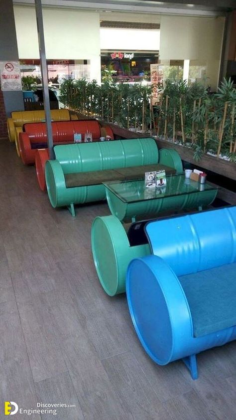 Barrel Metal Drum Project Ideas!!! - Engineering Discoveries Barrel Sofa, Container Cafe, Garage Furniture, Metal Drum, Barrel Furniture, Cafe Furniture, Eco Friendly Furniture, Book Cafe, Coffee Shop Design